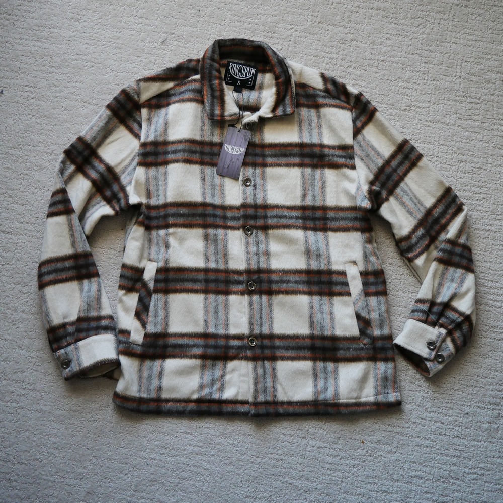 Ringspun Mens Plaid Shirt Jacket Cream Brown Orange Button Up Shacket Size S NWT